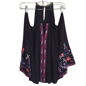 Aqua Black Embroidered Long sleeve open shoulder Boho Top sz: S